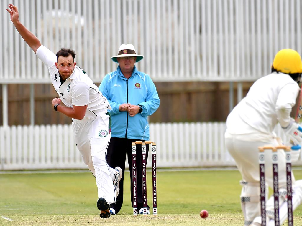 Souths bowler Brandon Honeybrook South Brisbane v Wests in the Sci-Fleet first grade competition. Saturday October 1, 2022. Picture, John Gass