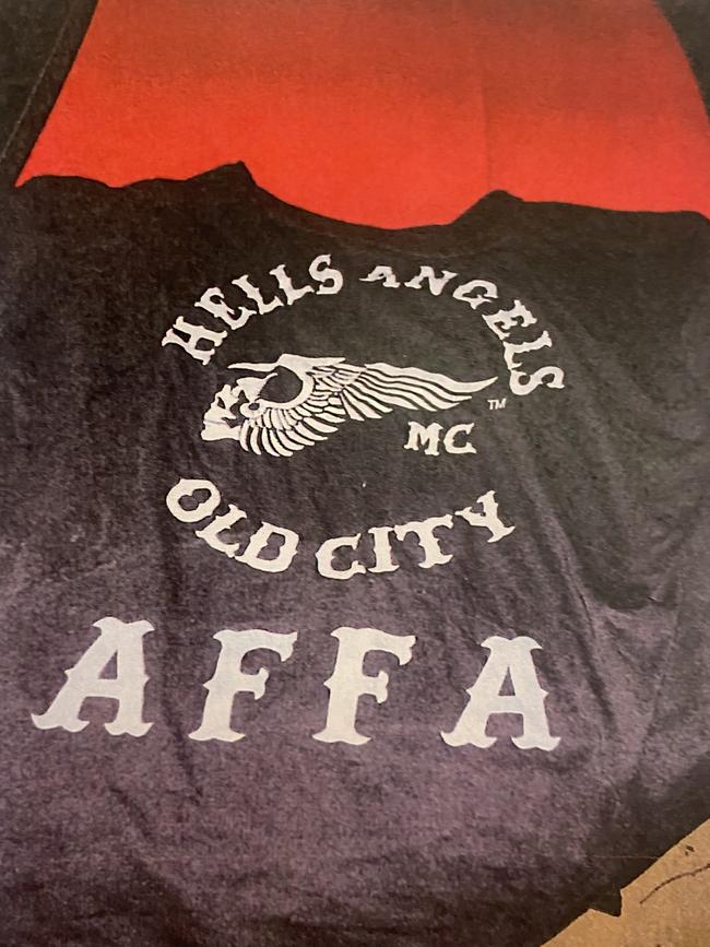 Court released images of Hells Angels memorabilia found in the home bikie Daryl Polley aka Bruta. Picture: Courts.