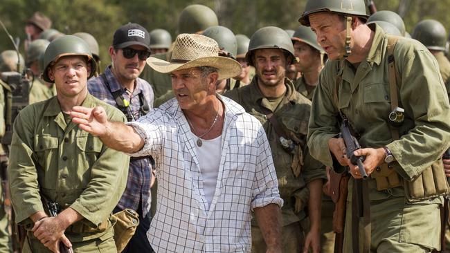 Mel Gibson and Vince Vaughn on the set of Hacksaw Ridge.