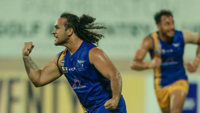 Jerome Motlop celebrates after scoring a goal for Wanderers. Picture: Glenn Campbell