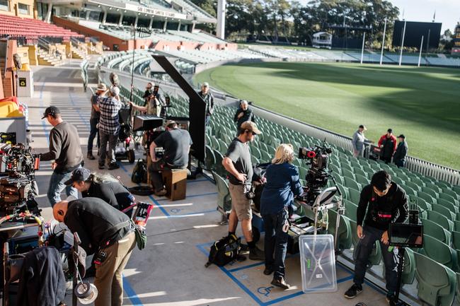 Film crew are seen setting up on the southern side of Adelaide Oval early to film 
