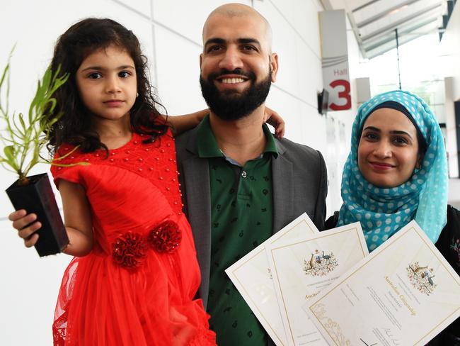 Australia Day Citizenship Ceremony 2021 at the Darwin Convention Centre. Fatimah Fahad, Fahad Hafeez and Anum Fahad have become new Australian Citizens.  Picure Katrina Bridgeford.