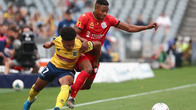 Curacao international Michael Maria wreaked havoc in wide positions, as Adelaide United prevailed away to Central Coast Mariners. Picture: AAP Image/Jeremy Ng