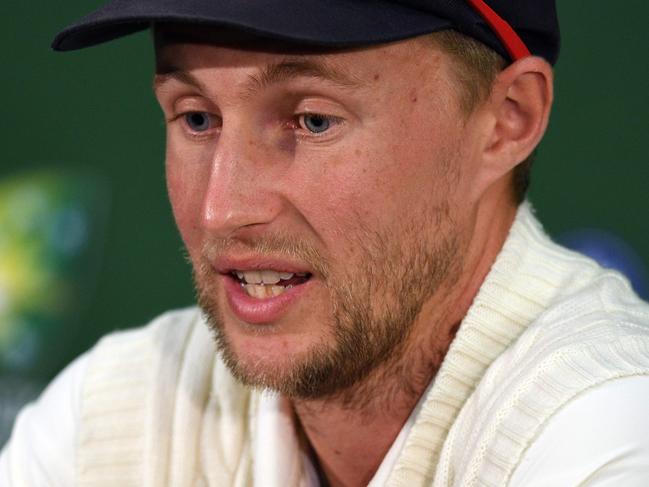 England's captain Joe Root speaks to the media after Australia defeated England on the final day of the second Ashes cricket Test match in Adelaide in December 6, 2017. / AFP PHOTO / William WEST / IMAGE RESTRICTED TO EDITORIAL USE - STRICTLY NO COMMERCIAL USE