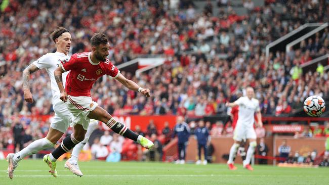 Man United’s Bruno Fernandes scores one of his three goals in the win over Leeds