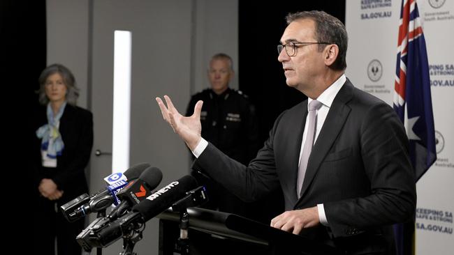 Premier Steven Marshall with, chief public health officer Professor Nicola Spurrier and police commissioner Grant Stevens. Picture: Naomi Jellicoe