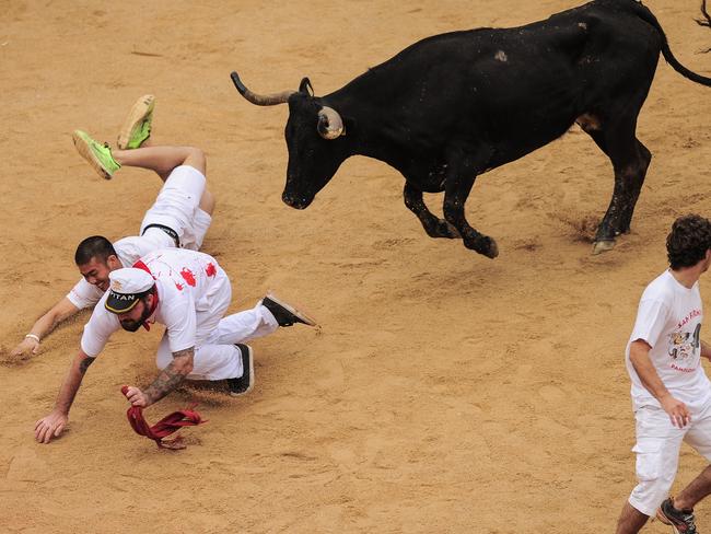 Two revellers fall on the bull ring in front of a cow. AP Photo/Alvaro Barrientos