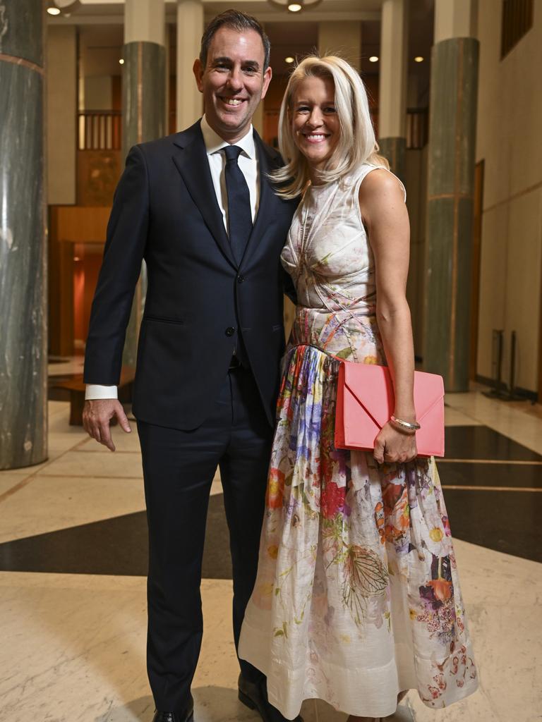 Treasurer Jim Chalmers and wife Laura Anderson posed arm in arm as they arrived at the ball. Picture: NCA NewsWire / Martin Ollman