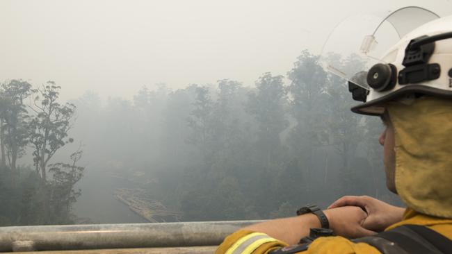 Firefighting crews at Tahune Airwalk. Picture: WARREN FREY/TFS