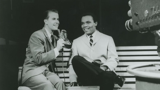 TV host Dick Clark with singer Johnny Ace on Bandstand in 1953.