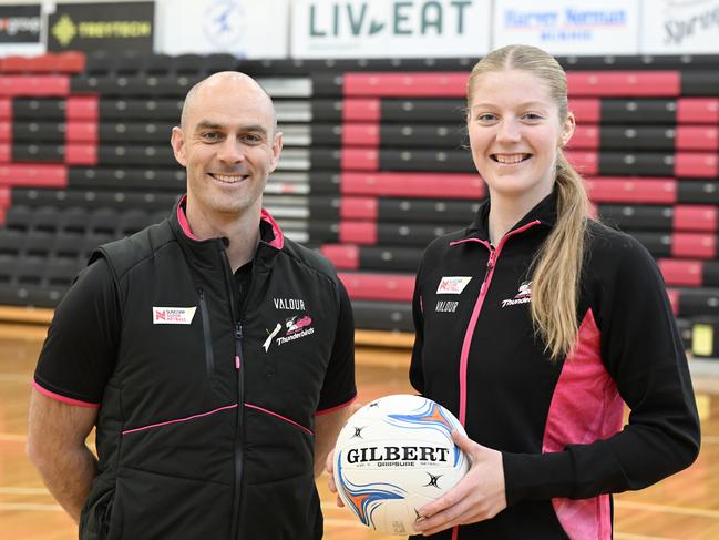 Adelaide Thunderbirds GM high performance Jace Bode with Burnie netballer Charlotte Walker. Picture: David Bellamy