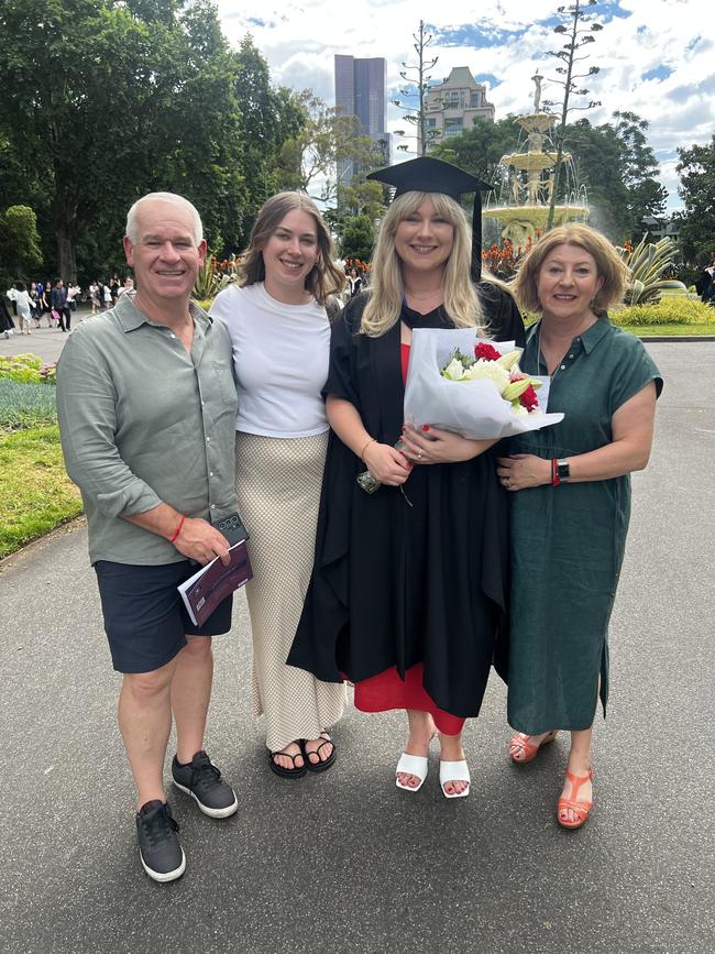 Craig Frew, Ruby Frew, Molly Frew (Master of Journalism) and Clare Frew at the University of Melbourne graduations held at the Royal Exhibition Building on Monday, December 16, 2024. Picture: Jack Colantuono