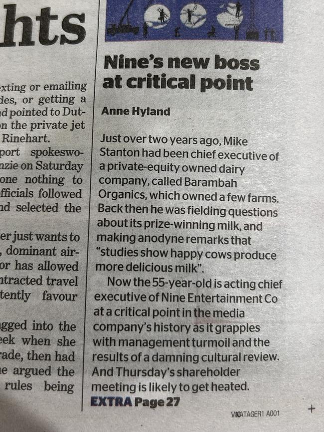 An error on the front page of The Sunday Age on November 3 published that incorrectly referred to acting Nine Entertainment chief executive Matt Stanton as Mike Stanton.