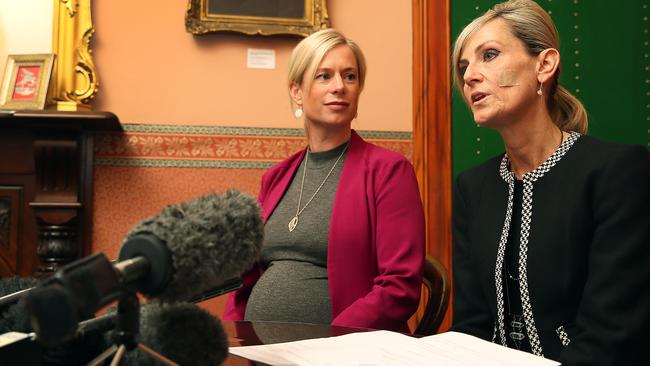 Heavily pregnant Labor MP Rebecca White, left, and Speaker Elise Archer talking to reporters at State Parliament today. Picture: SAM ROSEWARNE.