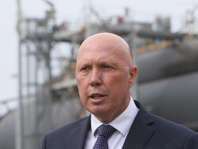 ADELAIDE, AUSTRALIA - Advertiser Photos APRIL 18, 2022: Minister for Defence Peter Dutton at ASC North inspecting HMAS DECHAINEUX a Collins Class Submarine in Osborne, SA. Picture Emma Brasier