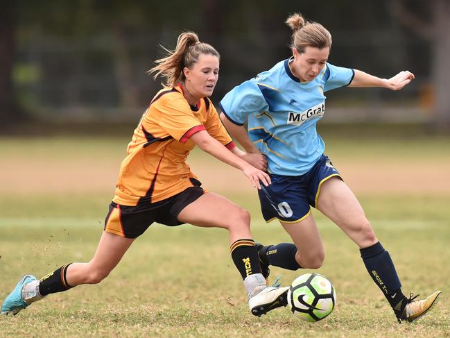 Manly Allambie United's Tess Olsen and Beacon Hill's Jess Wootton contest possession during their Premier League soccer match at Miller's Reserve at Manly Vale. The football season is officially finished due to the Covid lockdown. Picture: Troy Snook