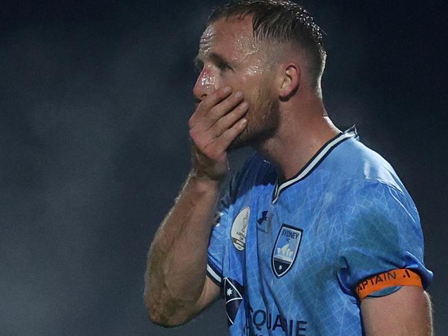 MELBOURNE, AUSTRALIA - JULY 30: Rhyan Grant of Sydney FC reacts during the 2024 Australia Cup Round of 32 match between Oakleigh Cannons FC and Sydney FC at Home of the Matildas on July 30, 2024 in Melbourne, Australia. (Photo by Daniel Pockett/Getty Images)