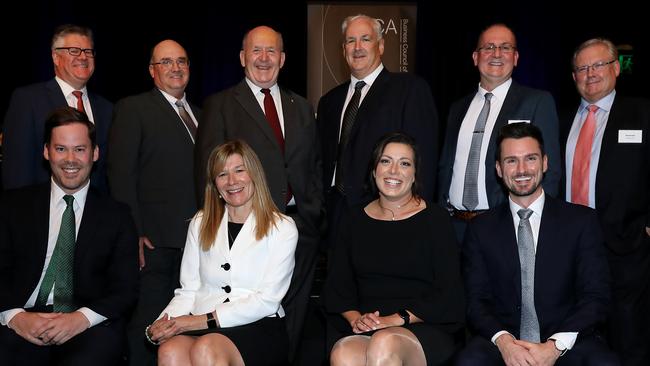 At the BCA annual dinner (L-R) EY CEO Tony Johnson, Bendigo and Adelaide Bank’s Scott Hart, Sir Peter Cosgrove, ATCO MD Pat Creaghan, Coles’ John Appleby, Coles CEO Coles Steven Cain, (2nd row) BP’s Ashley Mackay, Fortescue director Alison Terry Director, BankSA’s Kaytee Collins and Dr Simon Doyle. Picture: Jane Dempster.