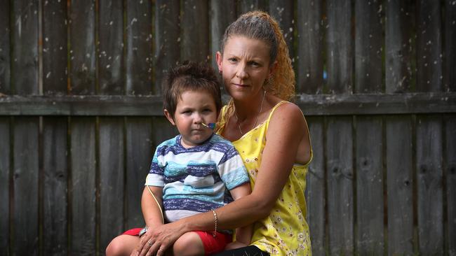 Slater Clifton, 4 — who was diagnosed with a malignant brain tumour at 17 months — with his mother, Bianca Walker. Picture: Adam Head