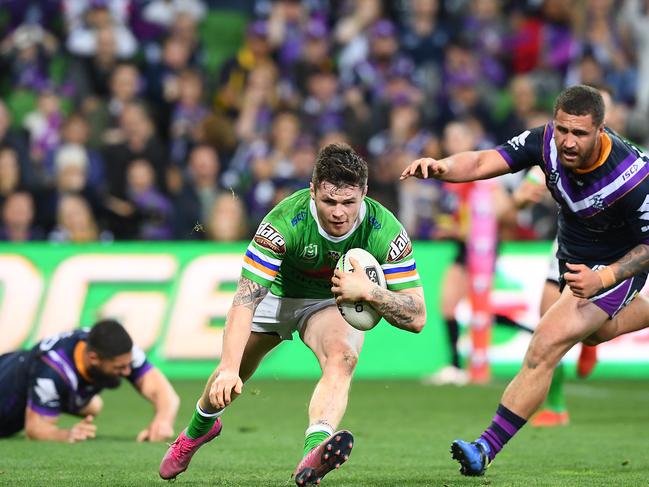 John Bateman of the Raiders goes for a try during the NRL qualifying final match against the Melbourne Storm. Picture: Quinn Rooney/Getty