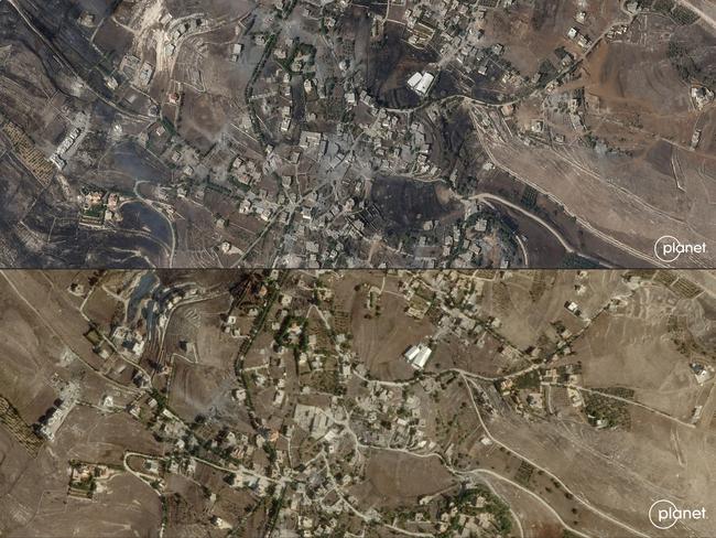 On the bottom you can see Maroun el-Ras on September 29. Above is the same village on October 8, with large parts of it burnt out. Picture: Planet Labs/AFP