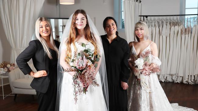 L-R Danielle Gardner bridal stylist, Laura Wass bridal stylist, Moana Cranwell-Ellis showroom manager, Kiara Ly bridal stylist. Luv Bridal have launched a flagship store in Pontville the first in Tasmania. Picture: Nikki Davis-Jones