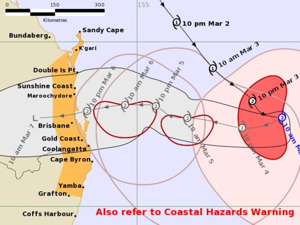 The 11am Bureau of Meteorology tracking map showing the likely path heading towards Brisbane’s northern suburbs.