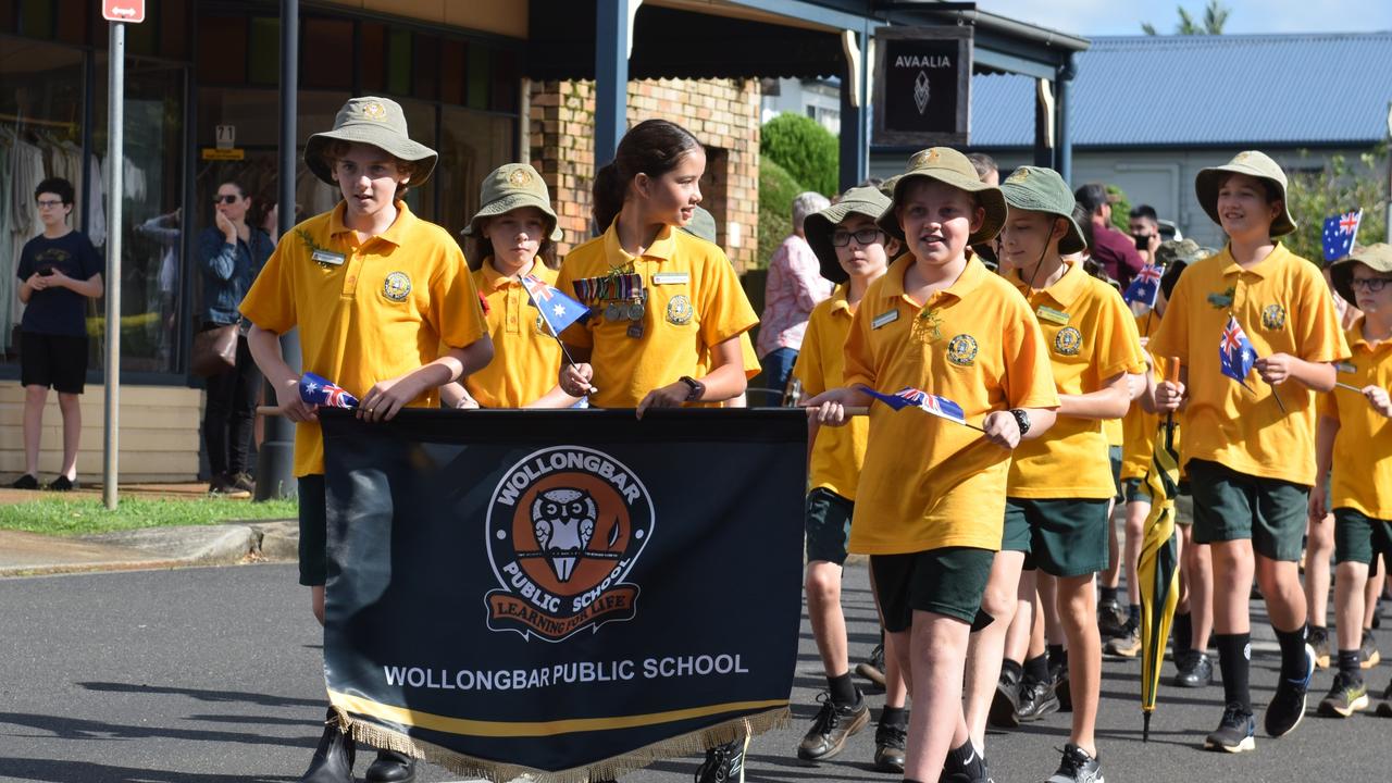 Students from Wollongbar Public School join the march during the ANZAC DAY parade on Main Street in Alstonville Picture: Nicholas Rupolo.