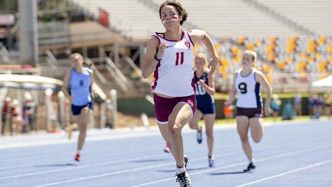 Torrie Lewis 15, bursts away to win for St Peters at the September QGSSSA schoolgirl athletics sports carnival.(Image Sarah Marshall)