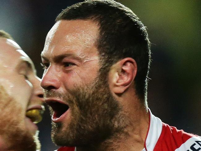 Roosters Boyd Cordner celebrates after scoring a try with Roosters Jackson Hastings during the Sydney Roosters v Canterbury Bulldogs first NRL Semi Final at Allianz Stadium, Sydney. Pic Brett Costello