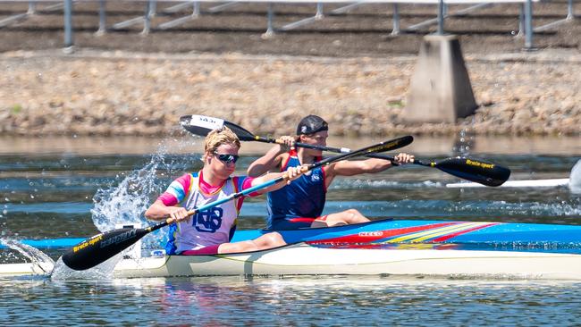 Bailey Clues winning the U18 K1 title at the canoe sprint GP at Penrith.