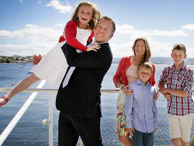Will Hodgman with his family, L-R Lily, 7, Nicky, James, 10 and William, 12. The Liberal state conference at Wrest Point. Hobart