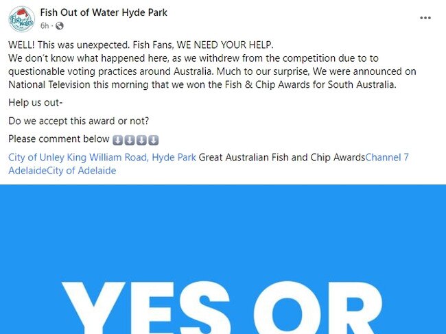 Fish out of Water Hyde Park claimed it won the Great Australian Fish &amp; Chip Awards, but Seafood Industry Australia says it was “human error”. Picture: Facebook