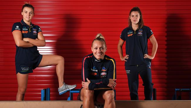 Crows stars Ebony Marinoff, Erin Phillips and Anne Hatchard. Picture: Tricia Watkinson