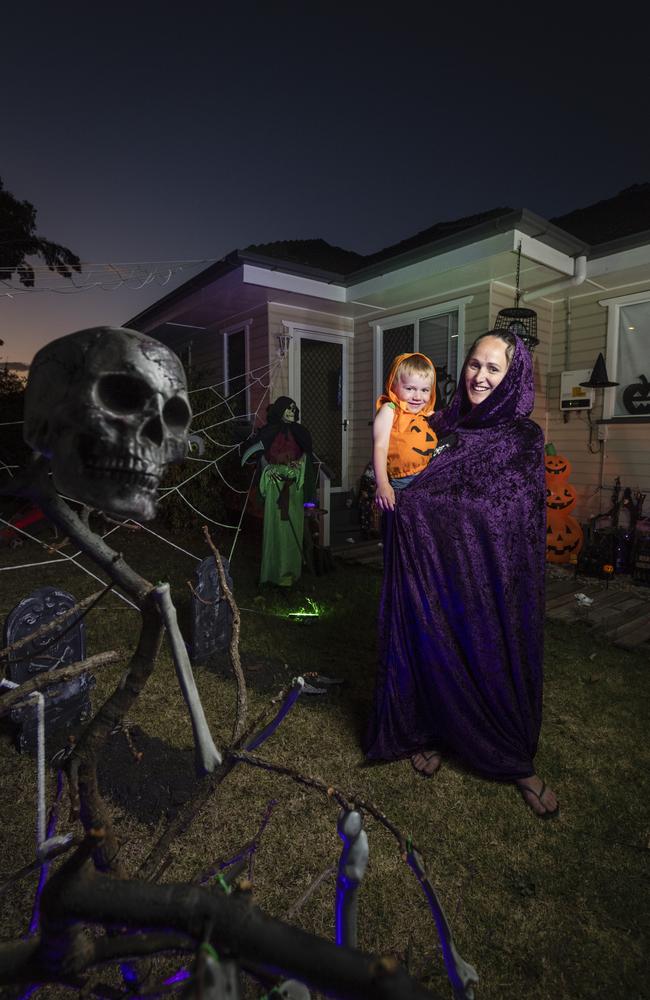 Kylie Rahilly, with son Jordan, at their Wilsonton Halloween scare house, Monday, October 16, 2023. Picture: Kevin Farmer