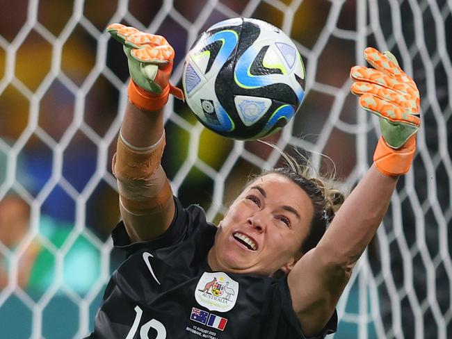 BRISBANE, AUSTRALIA - AUGUST 12: Mackenzie Arnold of Australia saves the ninth penalty from Kenza Dali of France in the penalty shoot out during the FIFA Women's World Cup Australia & New Zealand 2023 Quarter Final match between Australia and France at Brisbane Stadium on August 12, 2023 in Brisbane / Meaanjin, Australia. (Photo by Chris Hyde - FIFA/FIFA via Getty Images)