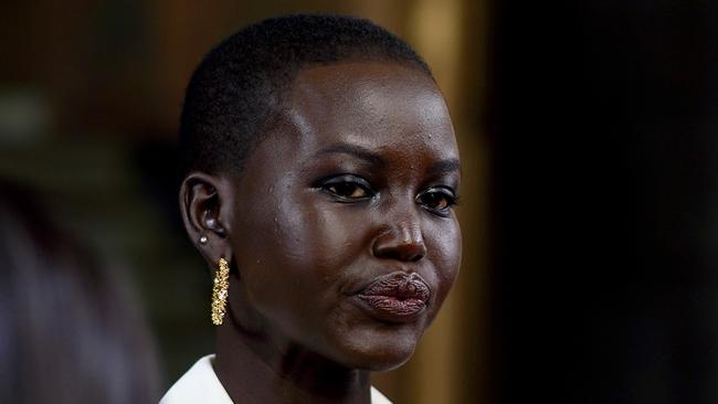 Model Adut Akech speaks to the media during a Melbourne Fashion Week press conference in Melbourne, Wednesday, August 28, 2019. Model Adut Akech says she will continue to speak out about racism after a magazine published an interview with her but used a photo of another African-Australian model. (AAP Image/Alex Murray) NO ARCHIVING