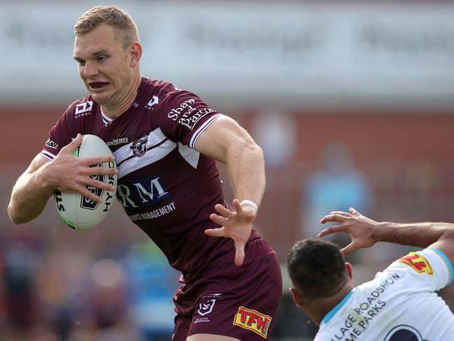 SYDNEY, AUSTRALIA - SEPTEMBER 19: Tom Trbojevic of the Sea Eagles charges forward during the round 19 NRL match between the Manly Sea Eagles and the Gold Coast Titans at Lottoland on September 19, 2020 in Sydney, Australia. (Photo by Matt King/Getty Images)