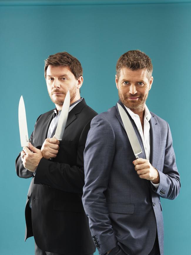 Pete Evans (right) with Manu Feildel as hosts of the Channel 7 show My Kitchen Rules.