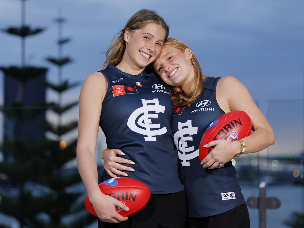 The Blues took Sophie McKay with pick 17. McKay, pictured here with number six selection Poppy Scholz, is the sister of current Blues midfielder Abbie. Both are daughters of Carlton legend Andrew McKay. (Photo by Dylan Burns/AFL Photos via Getty Images)