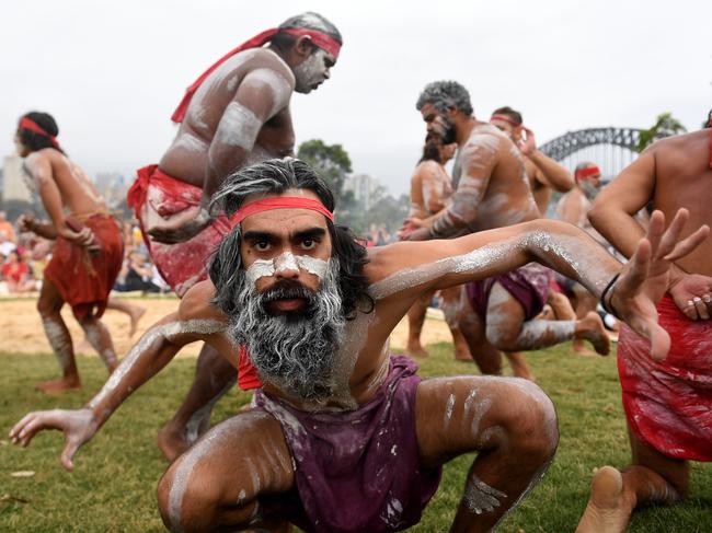 Koomurri people and representatives of other aboriginal groups, from across the nation, will perform during the WugulOra Morning Ceremony at Walumil Lawn along Barangaroo Reserve for Australia Day celebrations. Picture: Brendan Esposito