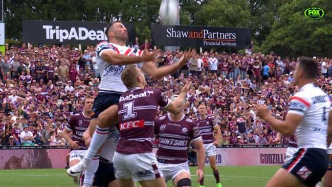 NRL SEA EAGLES ROOSTERS, Tolutau Koula of the Sea Eagles celebrates a try  with team mates