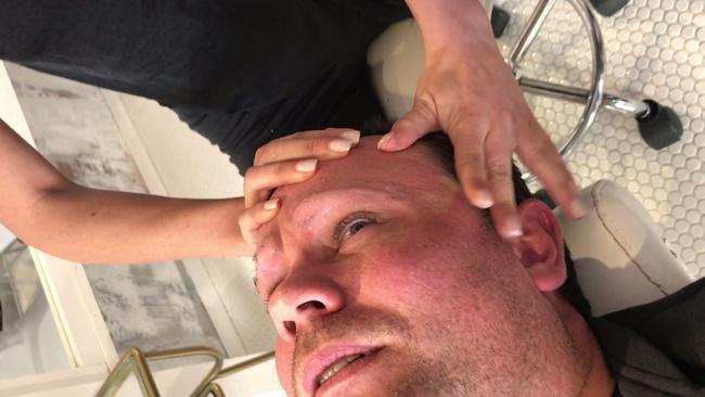 Ryan Watsford has his eyebrows waxed off. Picture: Supplied