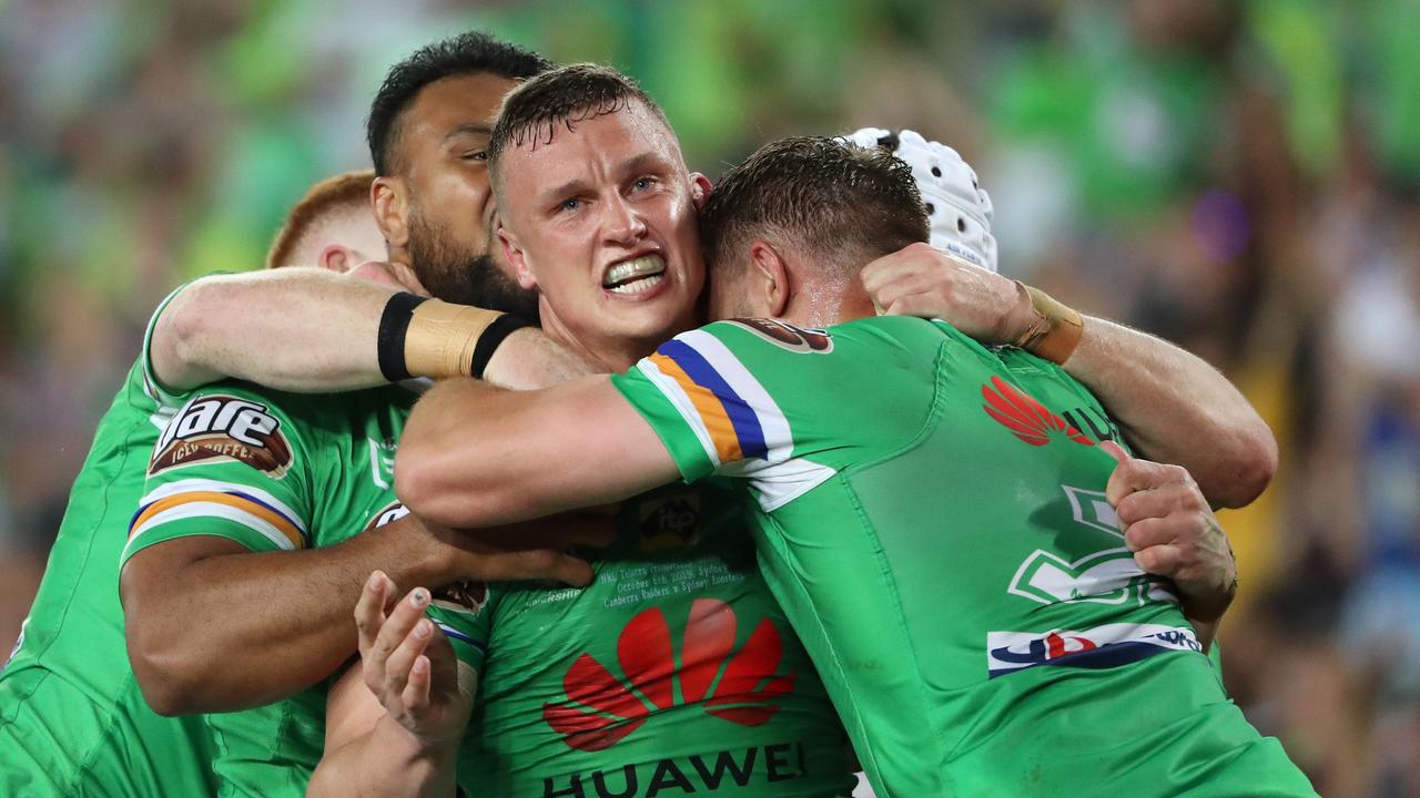 Jack Wighton celebrating his try with Raiders teammates during the 2019 NRL Grand Final