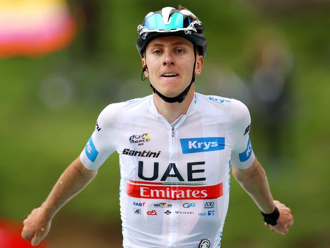 CAUTERETS-CAMBASQUE, FRANCE - JULY 06: (EDITOR'S NOTE: Alternate crop) Tadej Pogacar of Slovenia and UAE Team Emirates - White Best Young Rider Jersey celebrates at finish line as stage winner during the stage six of the 110th Tour de France 2023 a 144.9km stage from Tarbes to Cauterets-Cambasque 1355m / #UCIWT / on July 06, 2023 in  Cauterets-Cambasque, France. (Photo by Michael Steele/Getty Images)