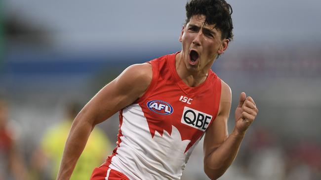 Swans’ young gun Justin McInerney celebrates helping Sydney to victory. Picture: Getty Images