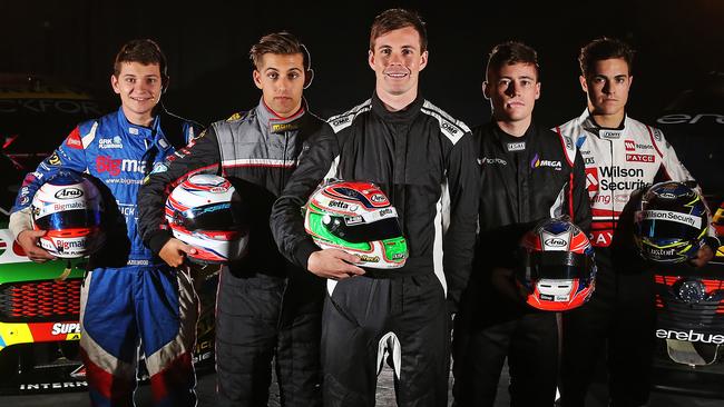 Rookie drivers (from left) Todd Hazelwood, Anton de Pasquale, Jack Le Brocq, Richie Stanaway and James Golding. Picture: Toby Zerna