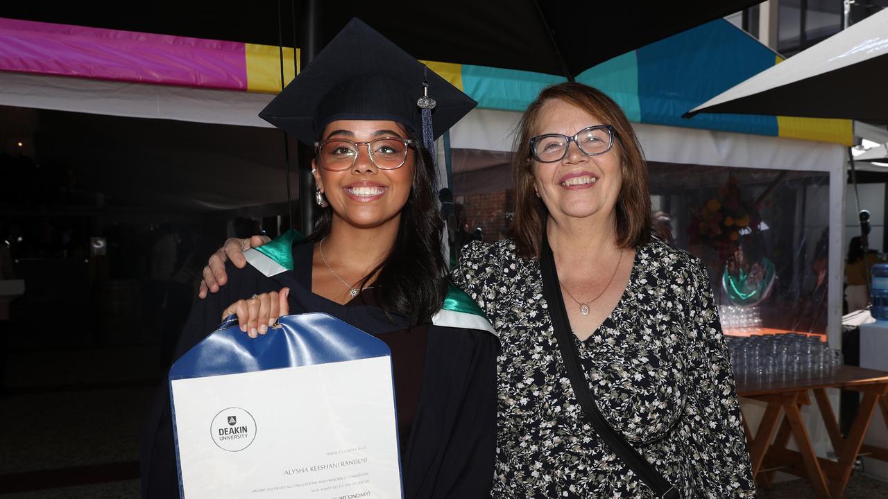 Alysha Randeni and Audrey Bulner. Deakin School of Education; NIKERI; and Centre of Humanitarian Leadership students graduated on Wednesday lunchtime. Picture: Alan Barber