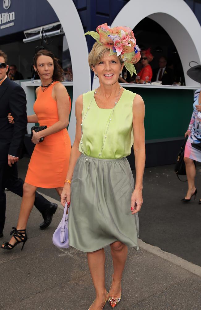 Julie Bishop in the Birdcage at the 2014 Melbourne Cup. Picture: Alex Coppel.