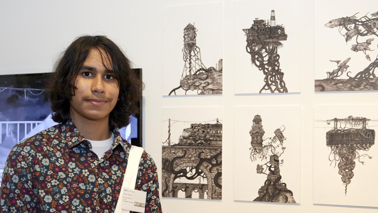 Adam Menezes, Katoomba High School, with his work 'The absence of torment'. Picture: Mim Stirling